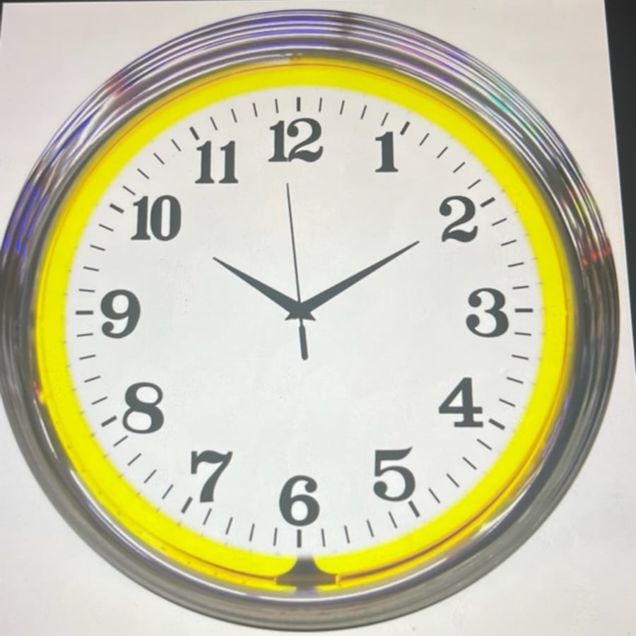 Regular blank-face neon clock, yellow glow